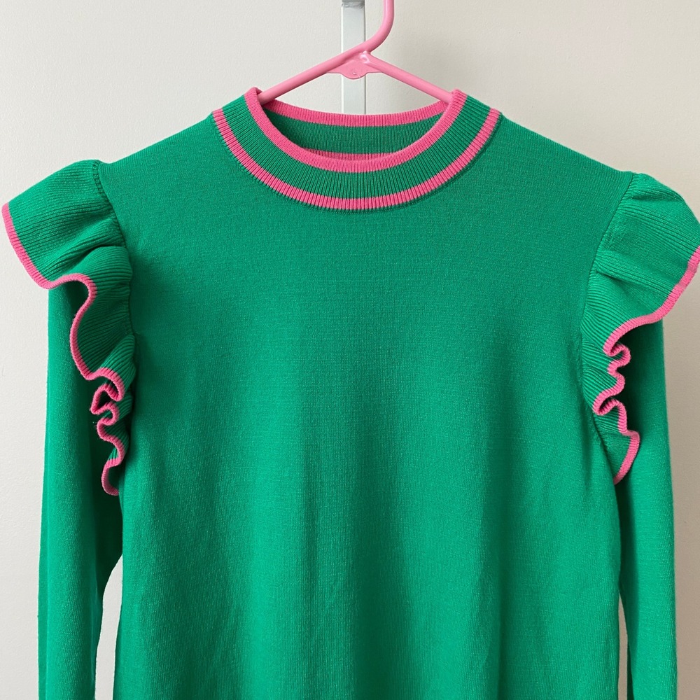 THML Small Green Pink Ruffle Shoulder Striped Trim Long Sleeve Knit Sweater - Picture 2 of 6